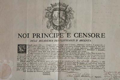 Documento con cui il conte Achille Crispi viene accolto nell'Accademia dei Fluttuanti col nome di Illustratore (1766)